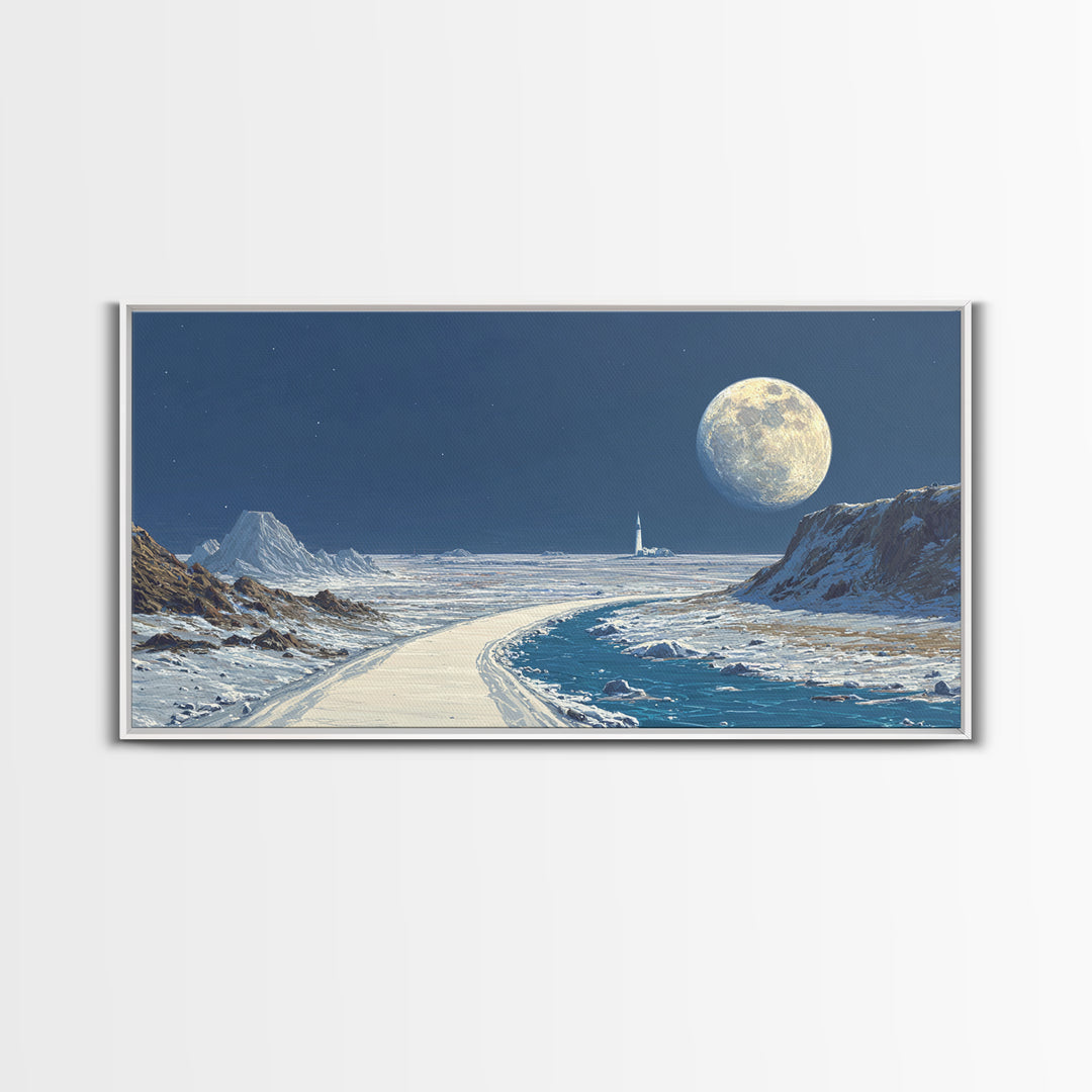 Blue Lunar Coastline With Full Moon Wall Art, Retro Sci Fi Landscape Poster, Space Travel Print, Modern Home Office Decor