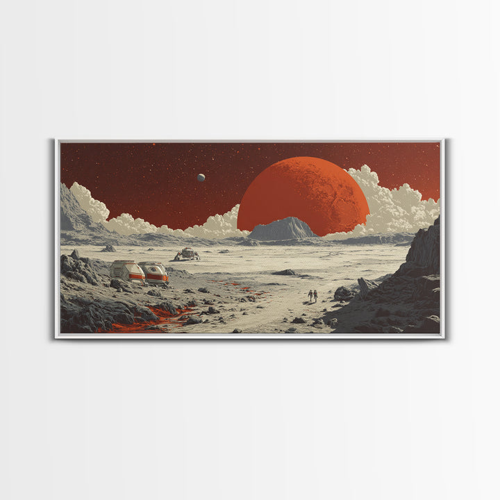 Red Planet Colony With Rovers Canvas Print, Retro Sci Fi Desert Landscape Wall Art, Mars Exploration Poster, Space Decor