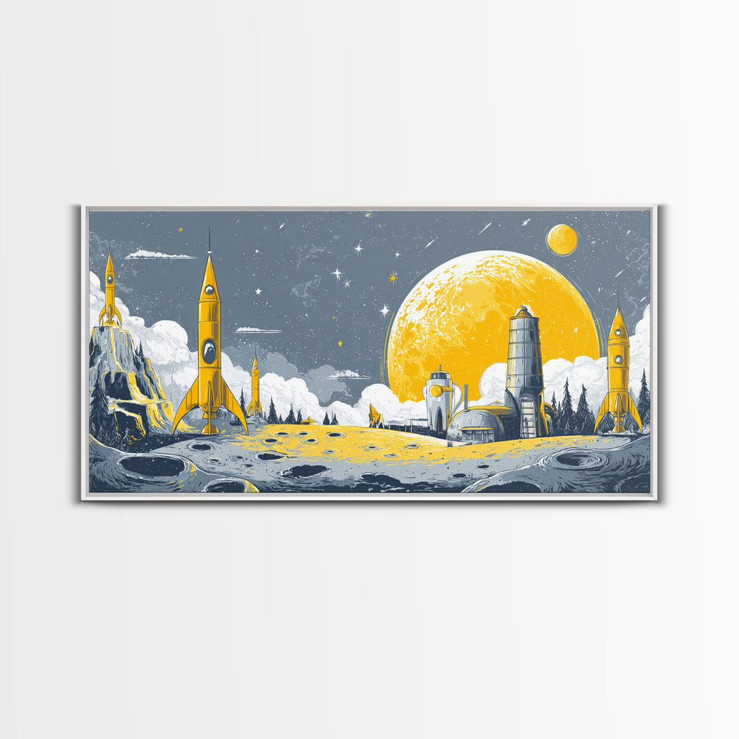 Yellow Lunar Colony With Retro Rockets Canvas Print, Midcentury Modern Space Wall Art, Moon Base Poster, Atomic Home Decor