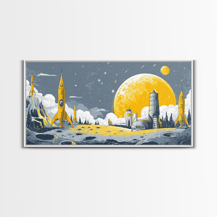 Yellow Lunar Colony With Retro Rockets Canvas Print, Midcentury Modern Space Wall Art, Moon Base Poster, Atomic Home Decor
