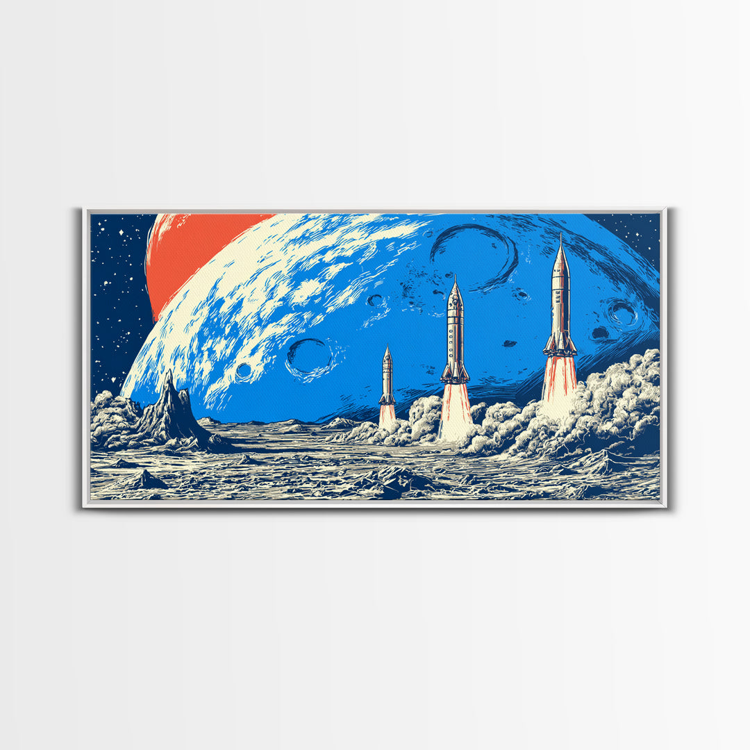 Retro Sci Fi Rocket Launch On Blue Moon Canvas Print, Midcentury Modern Space Poster, Cosmic Wall Decor, MCM Artwork Gift