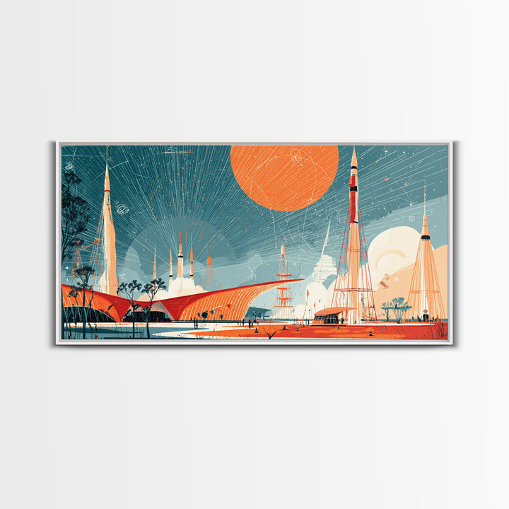 Futuristic Spaceport With Orange Sun Framed Canvas Print, Midcentury Modern Wall Art, Atomic Retro Decor, MCM Poster Gift