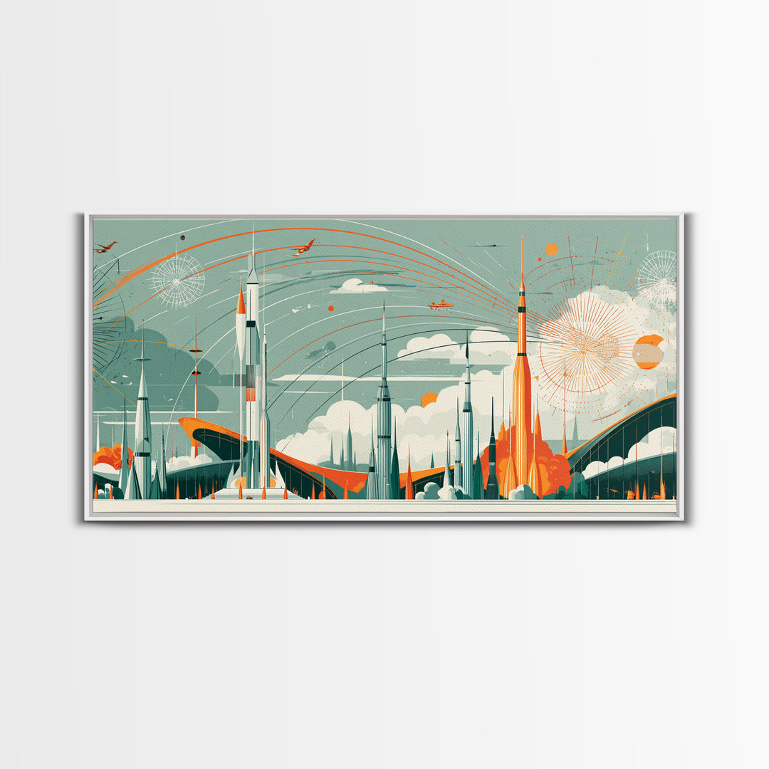 Retro Rocket City With Arcing Skies Canvas Print, Midcentury Modern Wall Art, Space Age Poster, Atomic MCM Home Decor Gift