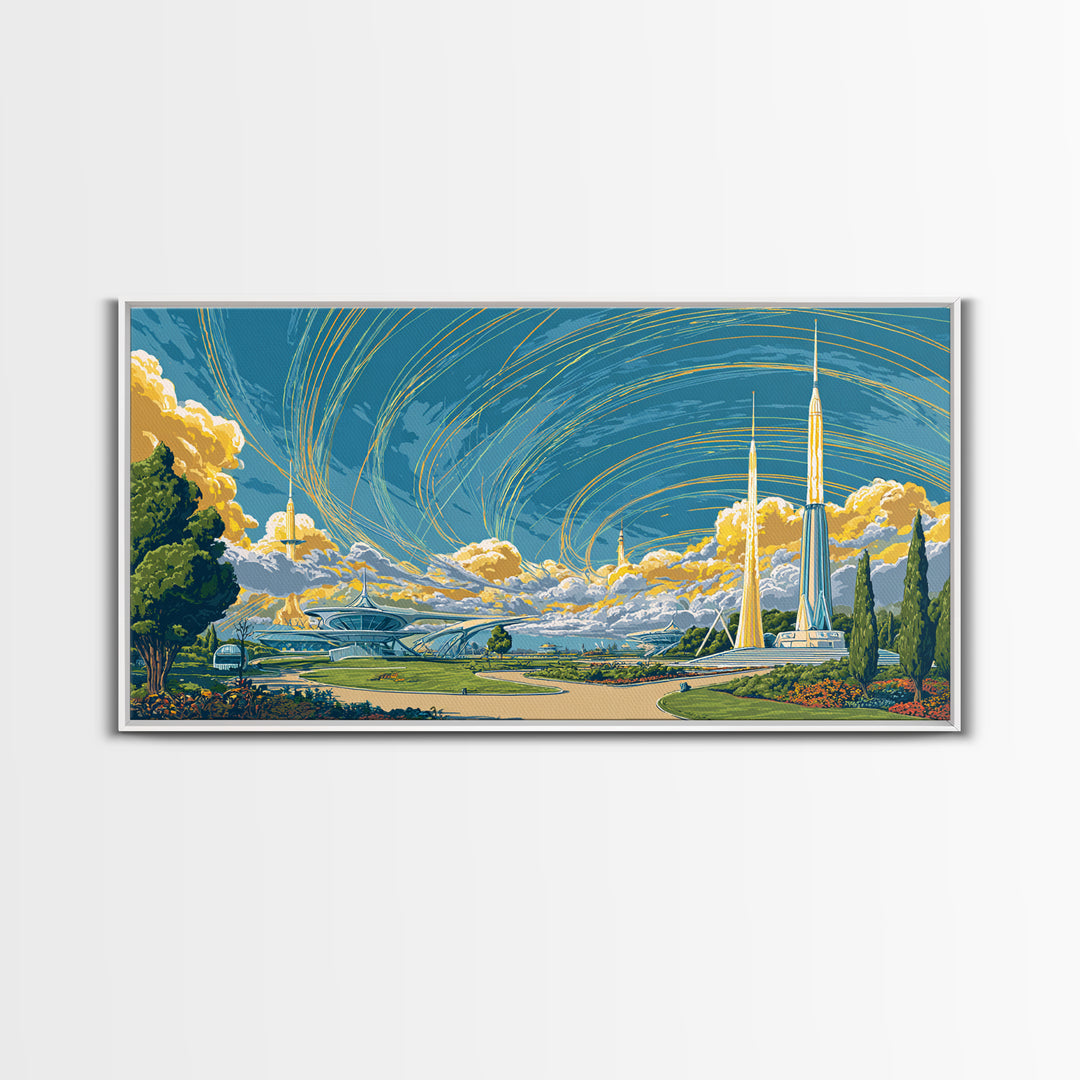 Utopian Spaceport Landscape With Golden Clouds Wall Art, Midcentury Modern Canvas Print, Retro Futurist Poster, MCM Decor