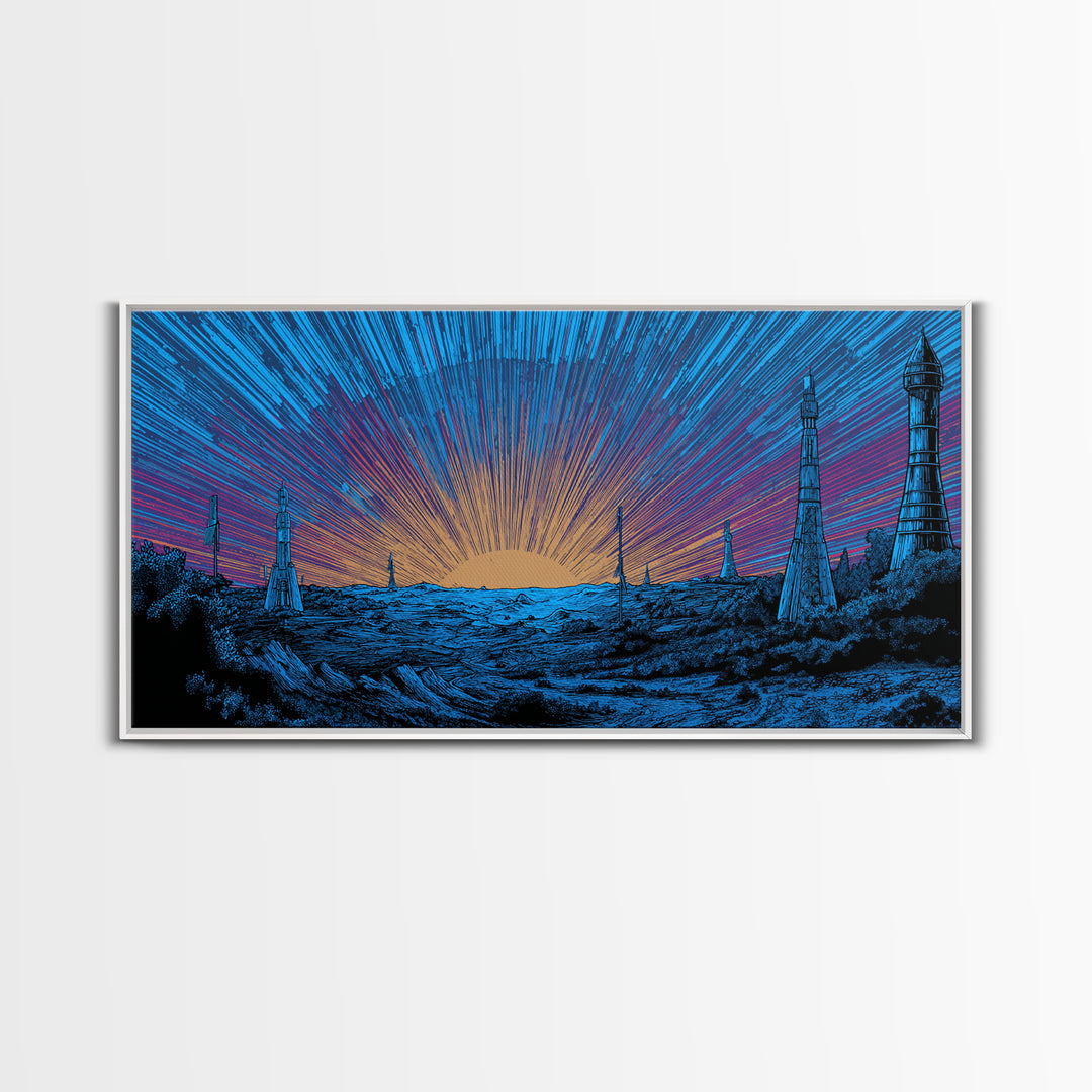 Blue Cosmic Sunrise Over Sci Fi Towers Canvas Print, Midcentury Modern Wall Art, Retro Space Poster, Bold MCM Decor Gift