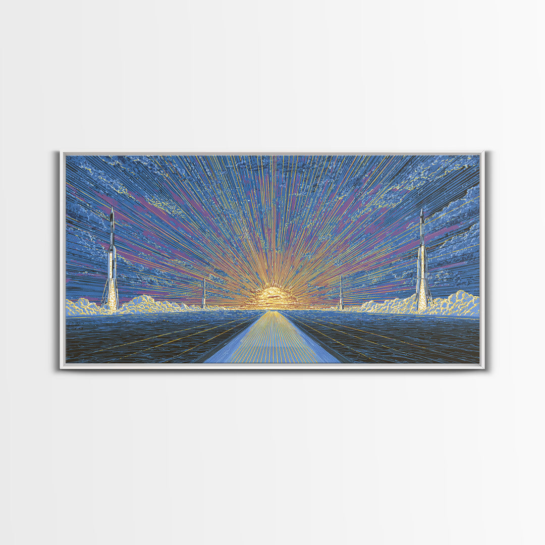 Radiant Rocket Road At Spaceport Sunrise Wall Art, Midcentury Modern Canvas Print, Retro Futurist Poster, MCM Home Decor