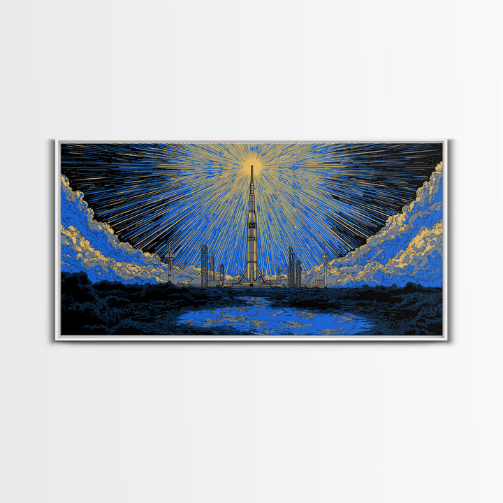 Rocket Launch Tower Beneath Starburst Sky Framed Canvas Print, Midcentury Modern Wall Art, Atomic Retro Space Decor Gift