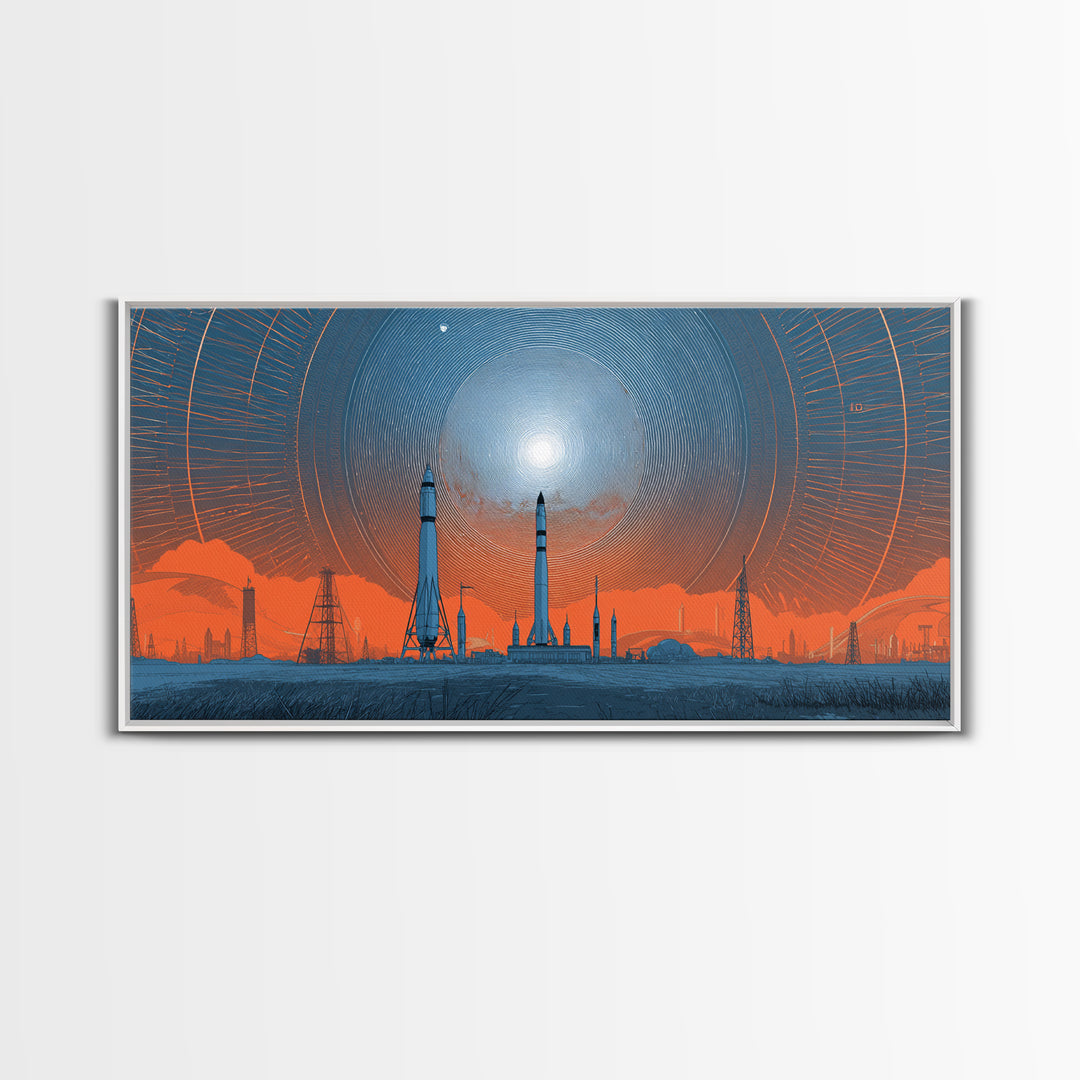 Orange Spaceport Skyline With Radiant Sun Wall Art, Midcentury Modern Canvas Print, Retro Futurist Poster, Industrial MCM Decor