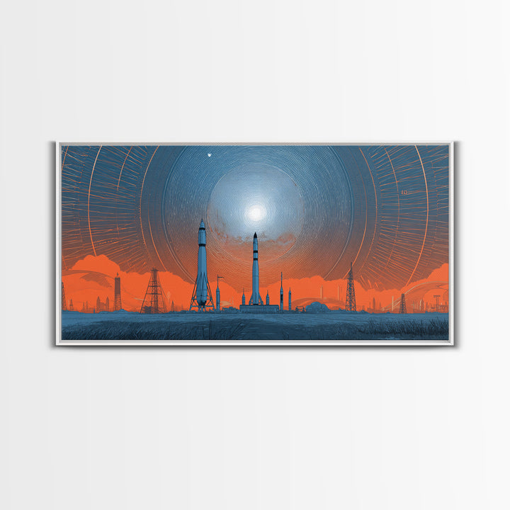 Orange Spaceport Skyline With Radiant Sun Wall Art, Midcentury Modern Canvas Print, Retro Futurist Poster, Industrial MCM Decor