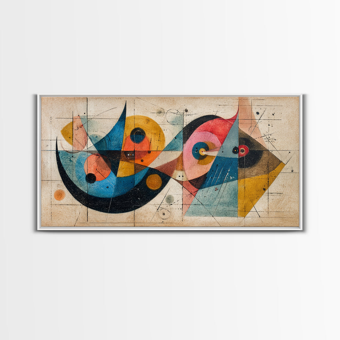 Abstract Bauhaus Fish Shapes In Teal Yellow Pink Wall Art, Midcentury Modern Canvas Print, Geometric Retro Decor, MCM Poster
