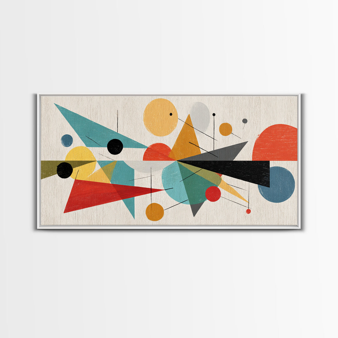 Playful Circles And Triangles Framed Canvas Print, Midcentury Modern Art, Colorful Geometric Wall Decor, Abstract Poster