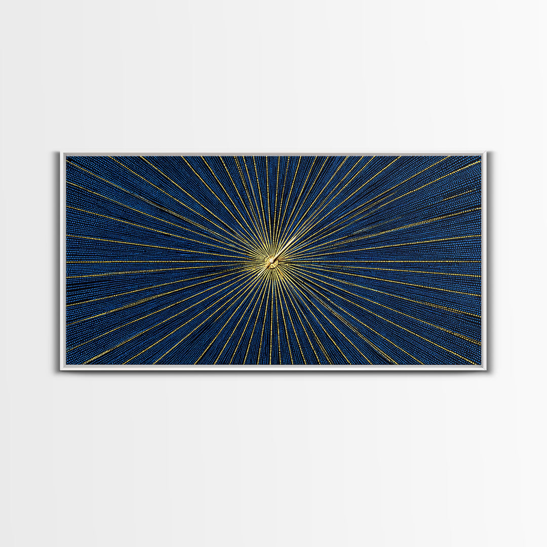 Blue Gold Radiating Op Art Wall Art, Midcentury Modern, Geometric Abstract Print, Atomic Sunburst, Modern Wall Decor, Living Room Art