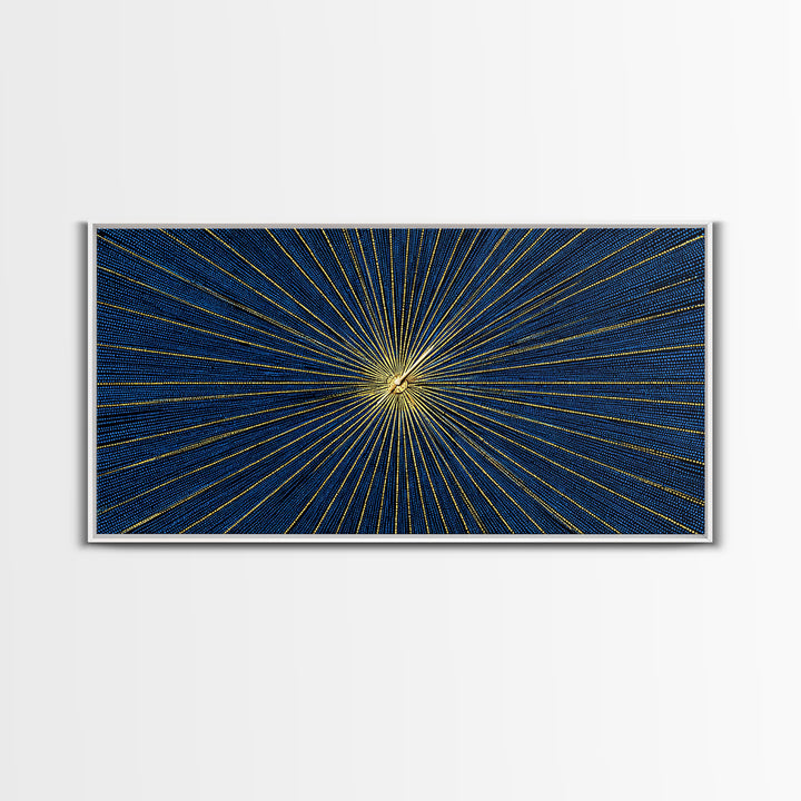 Blue Gold Radiating Op Art Wall Art, Midcentury Modern, Geometric Abstract Print, Atomic Sunburst, Modern Wall Decor, Living Room Art