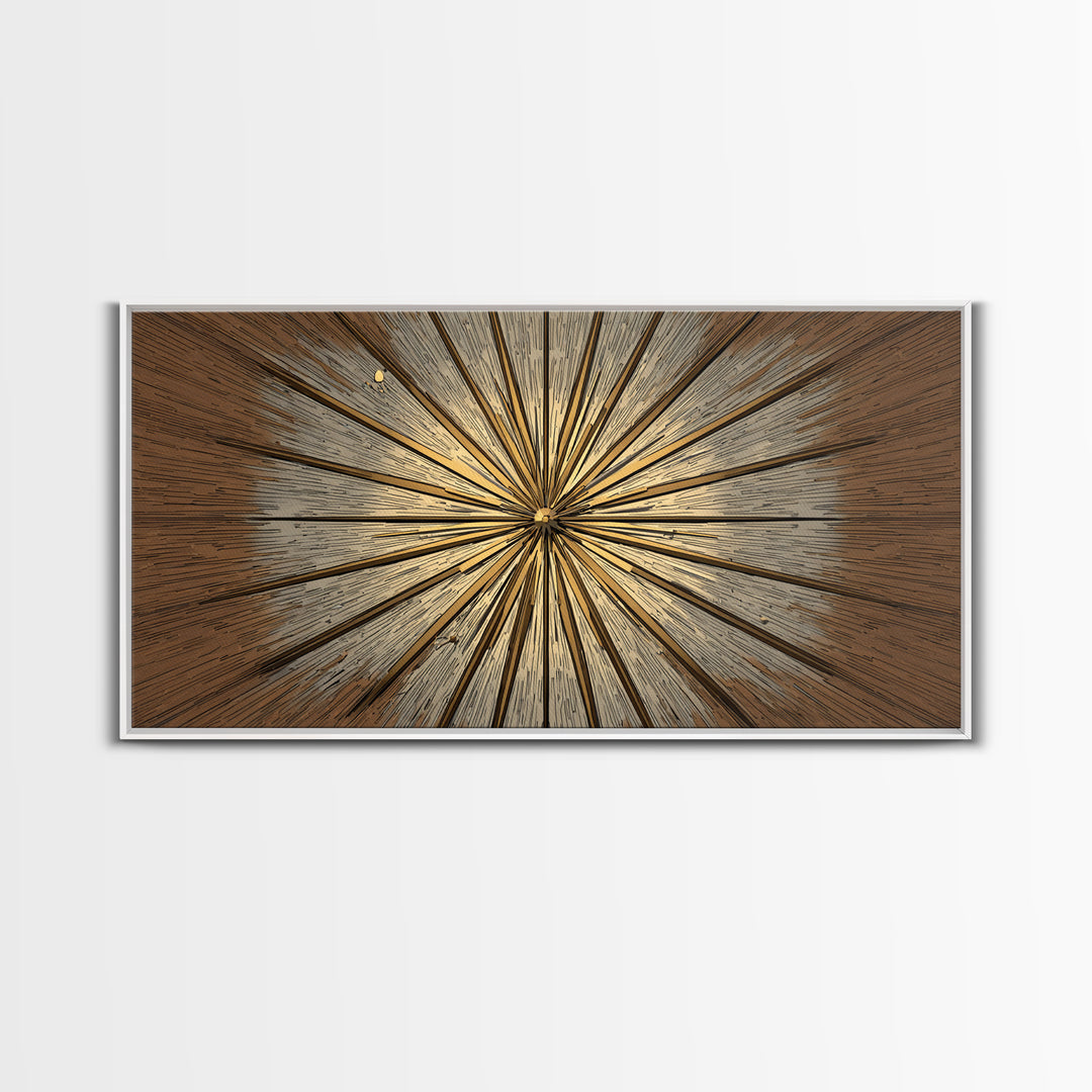 Brown Gold Woodgrain Sunburst Framed Canvas Print, Midcentury Modern Art, Neutral Wall Decor, Geometric Abstract Poster Art