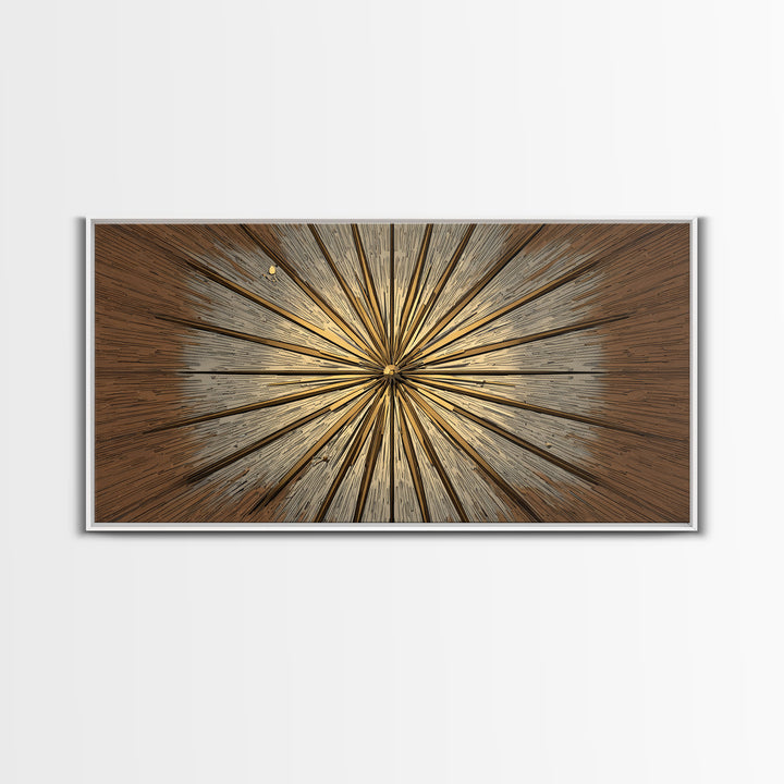 Brown Gold Woodgrain Sunburst Framed Canvas Print, Midcentury Modern Art, Neutral Wall Decor, Geometric Abstract Poster Art