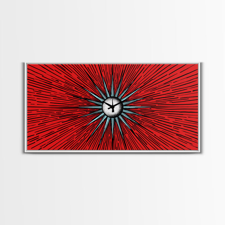 Red Atomic Starburst Clock Wall Art, Mid Century Modern Decor, Retro Sci Fi Poster, MCM Abstract Print, Bold Office Decor