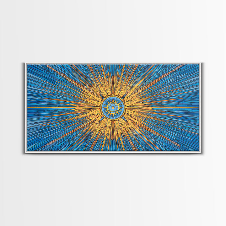 Blue Gold Solar Compass Canvas Print, Mid Century Modern Wall Decor, Atomic Sunburst Poster, Celestial Abstract Art, Office Decor