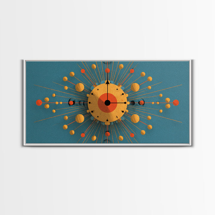 Teal Gold Atomic Clock Framed Canvas Print, Mid Century Modern Wall Art, Retro Space Age Poster, MCM Geometric Office Decor