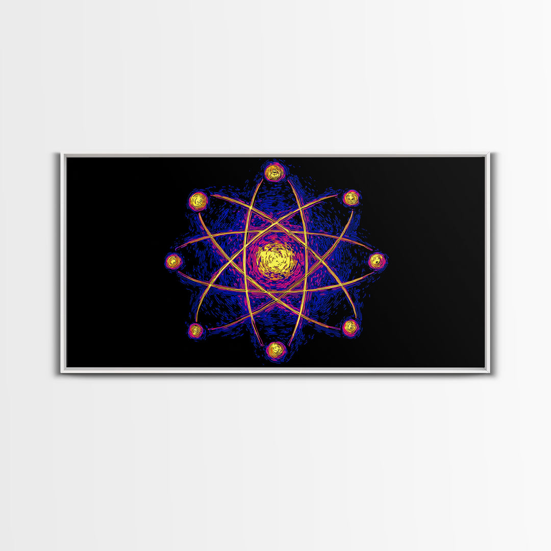 Neon Planet Atomic Canvas Print, Mid Century Modern Wall Art, Retro Sci Fi Space Poster, Cosmic Abstract MCM Office Decor