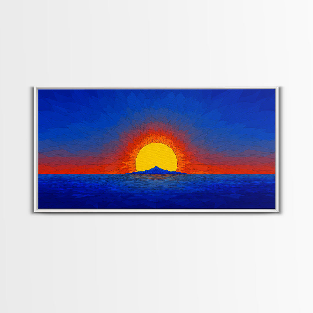 Geometric Ocean Sunset Wall Art, Mid Century Modern Landscape, Retro Sun Poster, Blue Orange Canvas Print For Coastal Decor