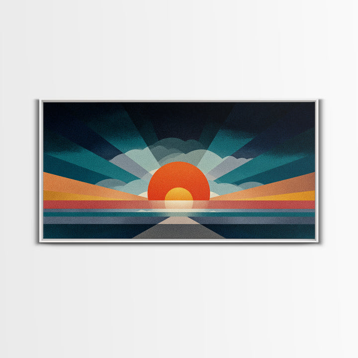Retro Radiant Sunrise Wall Art, Mid Century Modern Geometric Poster, Abstract Desert Sun Canvas Print, Colorful Home Decor