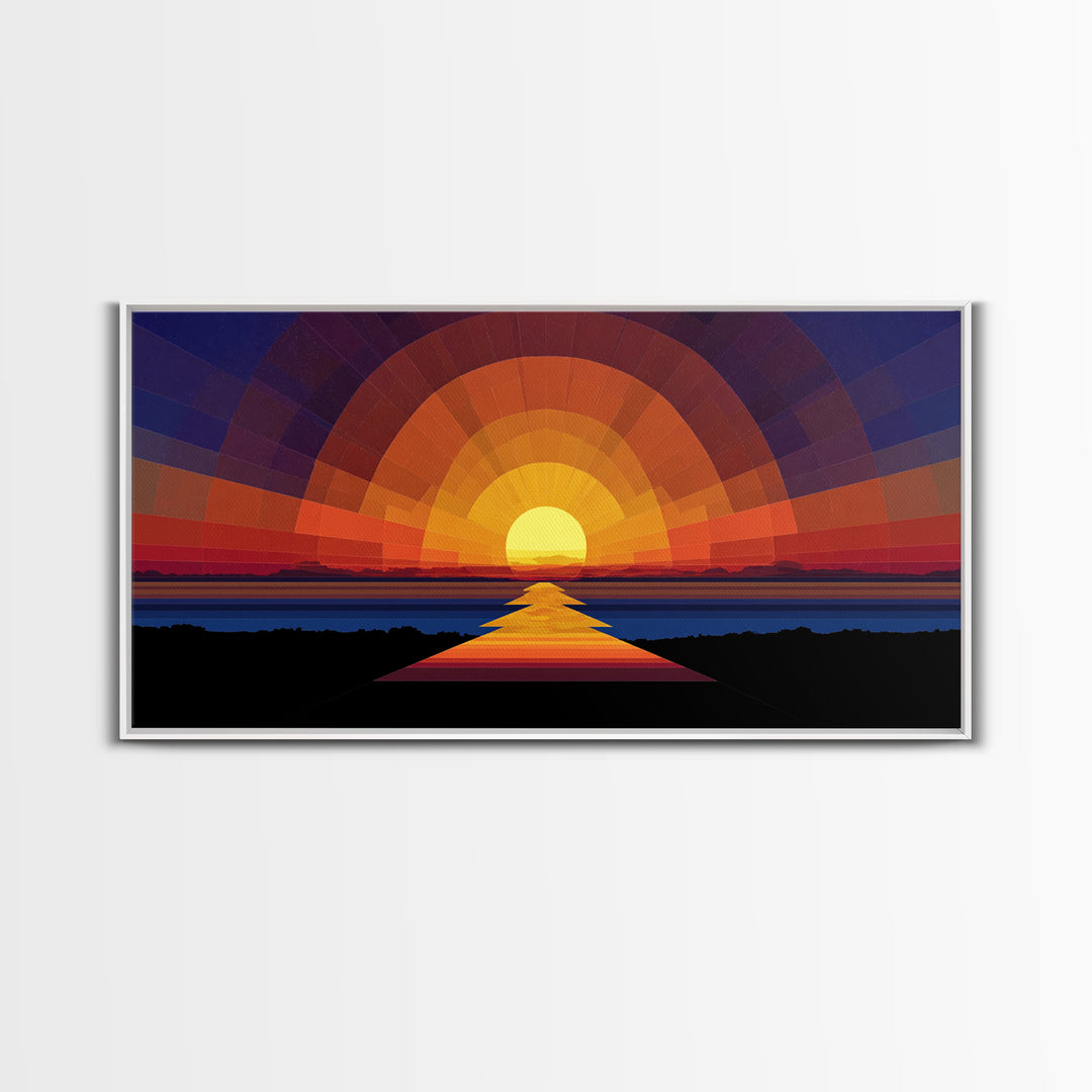Geometric Sunset Over Ocean Path Wall Art, Mid Century Modern Abstract, Retro Sun Poster, Colorful Living Room Decor Print