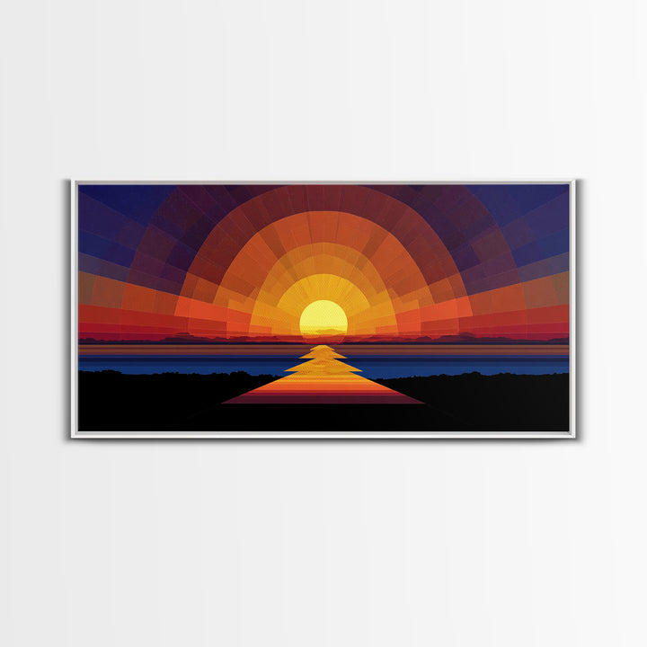 Geometric Sunset Over Ocean Path Wall Art, Mid Century Modern Abstract, Retro Sun Poster, Colorful Living Room Decor Print