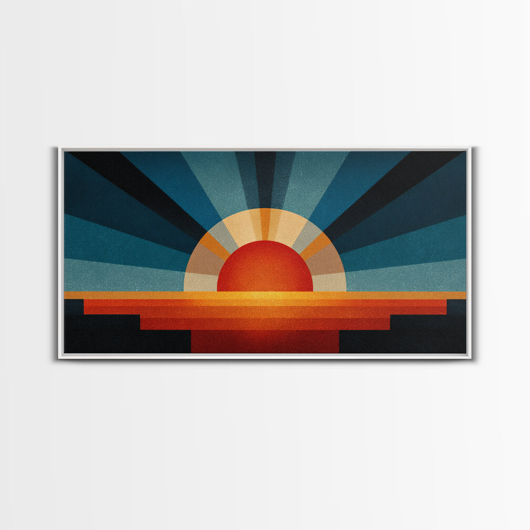 Textured Sun Rising Over Horizon Canvas Print, Mid Century Modern Abstract, Retro Wall Decor, Orange Blue Living Room Art