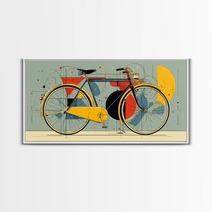 Classic City Bicycle With Abstract Circles Framed Canvas Print, Mid Century Modern Wall Art, Retro Bike Poster, Studio Decor