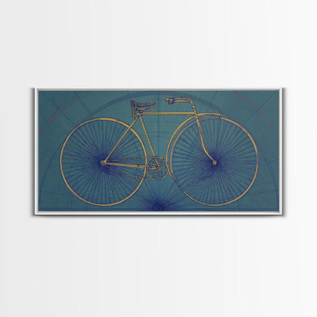 Technical Line Drawing Bicycle On Blue Framed Canvas Print, Mid Century Modern Art, Retro Cycling Poster, Home Office Decor