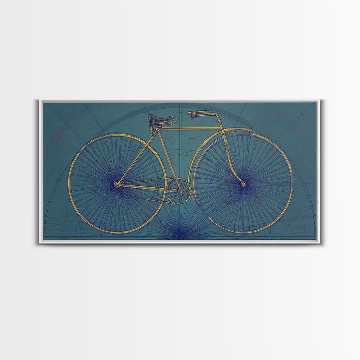 Technical Line Drawing Bicycle On Blue Framed Canvas Print, Mid Century Modern Art, Retro Cycling Poster, Home Office Decor