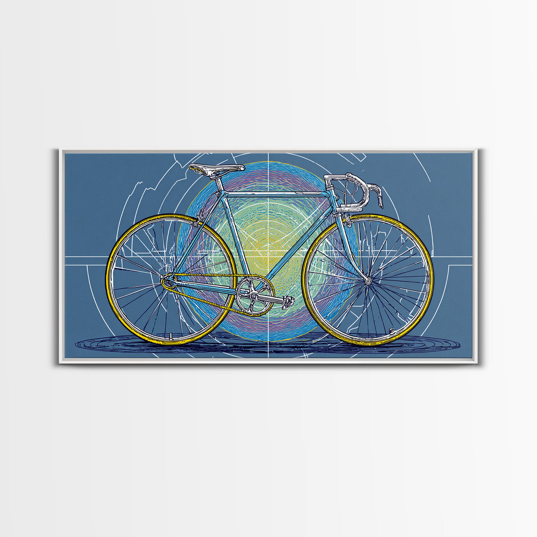 Touring Bicycle With Rainbow Circle Framed Canvas Print, Mid Century Modern Wall Art, Retro Cycling Poster, Blue Office Decor