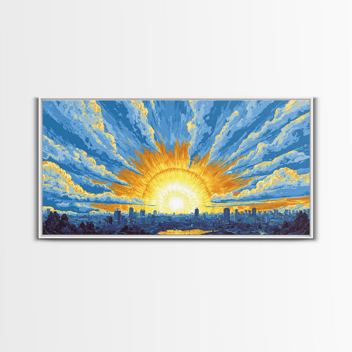 Golden Sunrise City Skyline Wall Art, Blue Sky Urban Landscape Canvas Print, Modern Home Decor, Statement Living Room Art