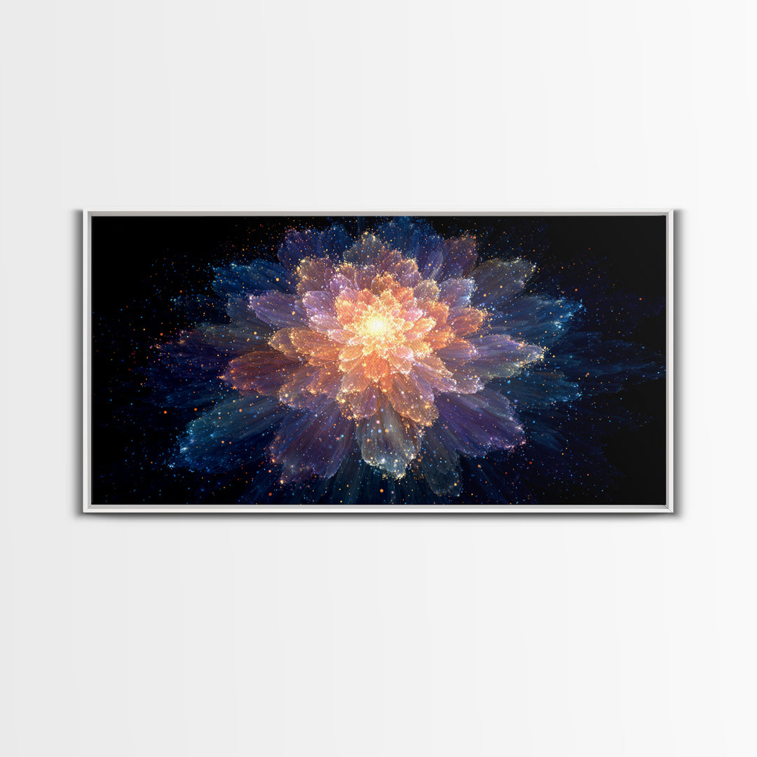 Glowing Cosmic Flower Canvas Print, Blue Orange Abstract Bloom, Spiritual Space Artwork, Modern Wall Art For Bedroom Decor