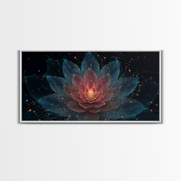 Teal Pink Lotus Canvas Print, Glowing Floral Mandala, Spiritual Abstract Art, Modern Wall Art, Yoga Decor For Meditation Room