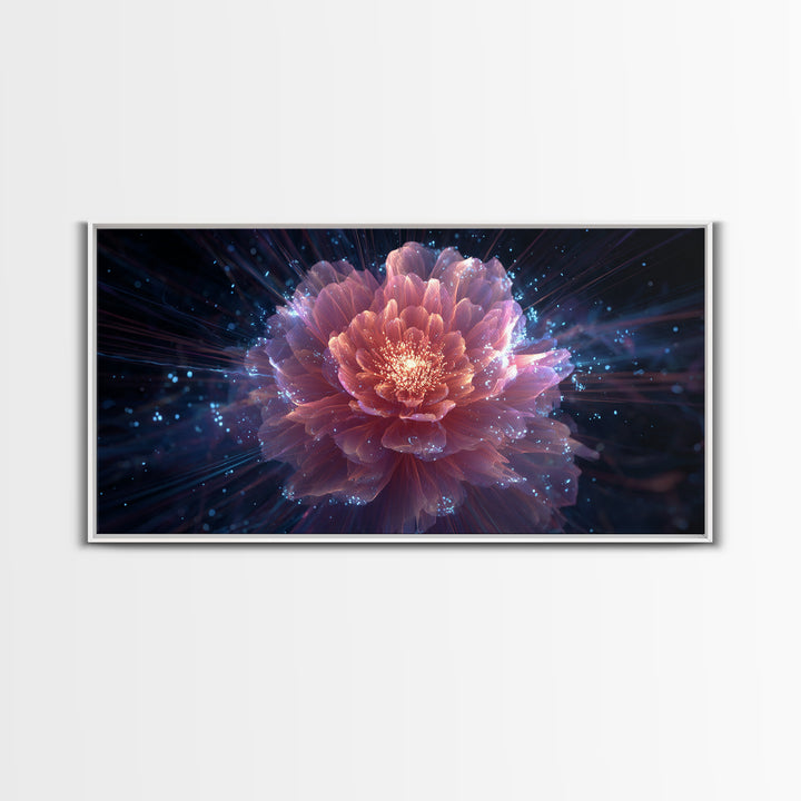 Radiant Pink Peony Canvas Print, Cosmic Floral Bloom, Blue Sparkle Abstract Art, Modern Wall Art For Bedroom And Living Room