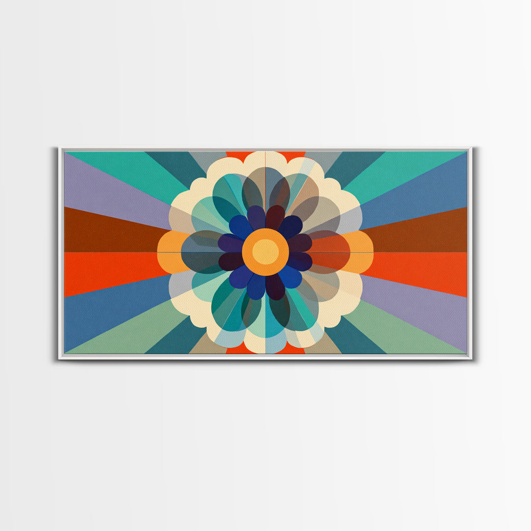 Retro Geometric Flower Wall Art, Colorful Mid Century Modern Radial Bloom, Bauhaus Poster, Bold Abstract Home Decor Print