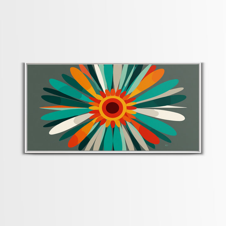 Teal Orange Atomic Flower Wall Art, Mid Century Modern Abstract Burst, Retro Geometric Poster, MCM Home Decor Canvas Print