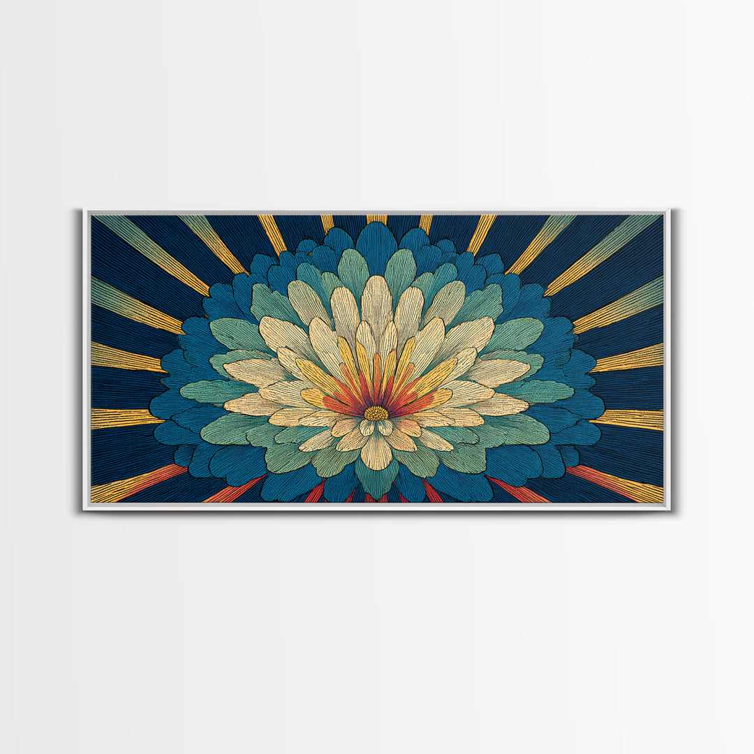Teal Cream Radiant Flower Wall Art, Midcentury Modern Art Print, Art Deco Floral Decor, Retro Botanical Living Room Decor