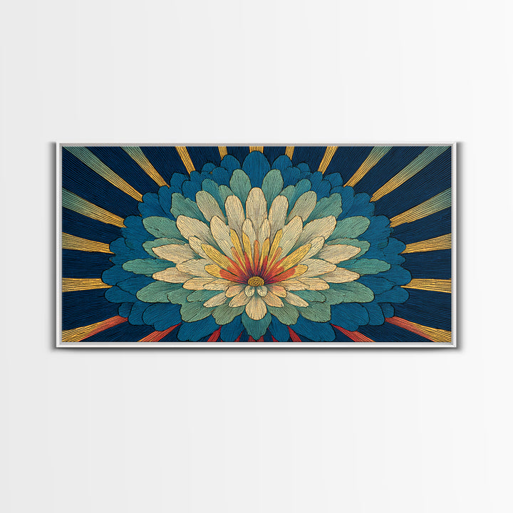 Teal Cream Radiant Flower Wall Art, Midcentury Modern Art Print, Art Deco Floral Decor, Retro Botanical Living Room Decor