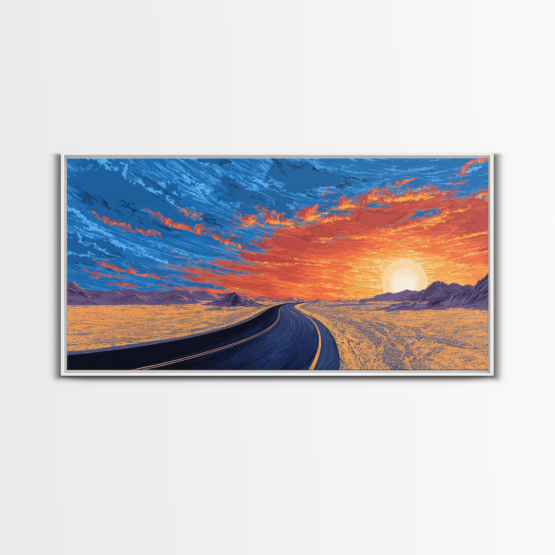 Sunset Highway Desert Wall Art, Midcentury Modern Landscape Print, Retro Travel Poster, Orange Blue Living Room Decor For Home