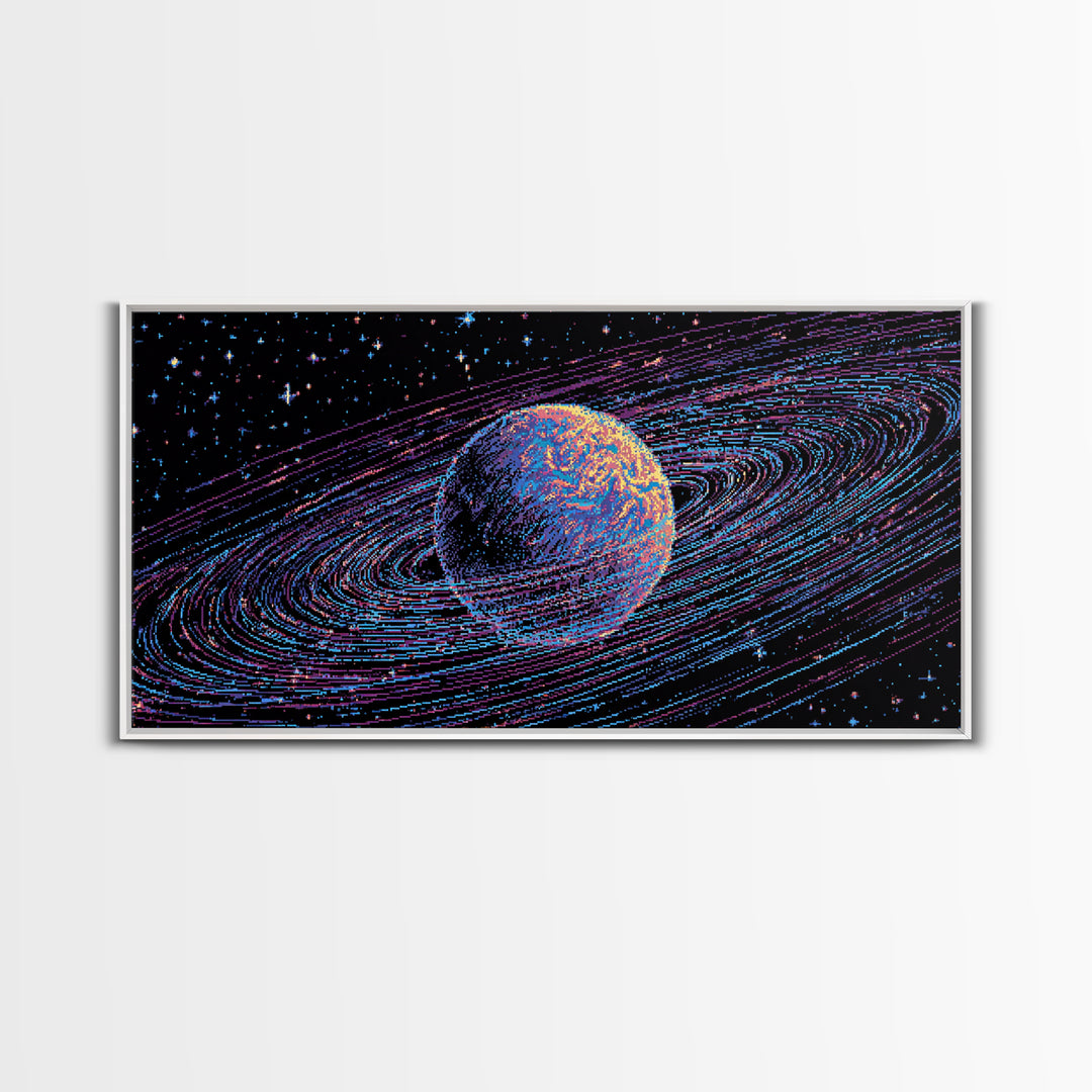 Ringed Planet Space Wall Art, Retro Sci Fi Canvas Print, Cosmic Abstract Art, Modern Digital Art Poster For Bedroom Decor