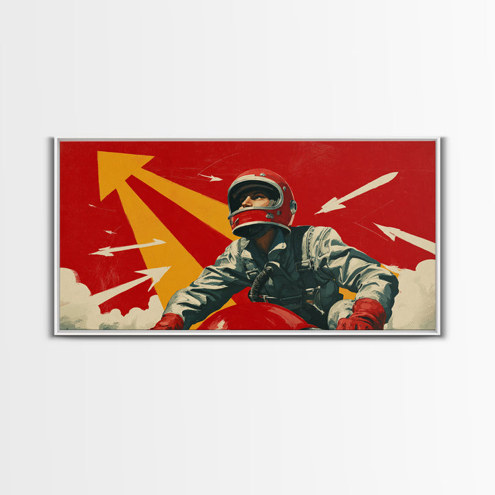 Retro Space Racer Canvas Print, Helmeted Pilot With Arrows Poster, Midcentury Modern Wall Decor, Bold Red Adventure Art Print