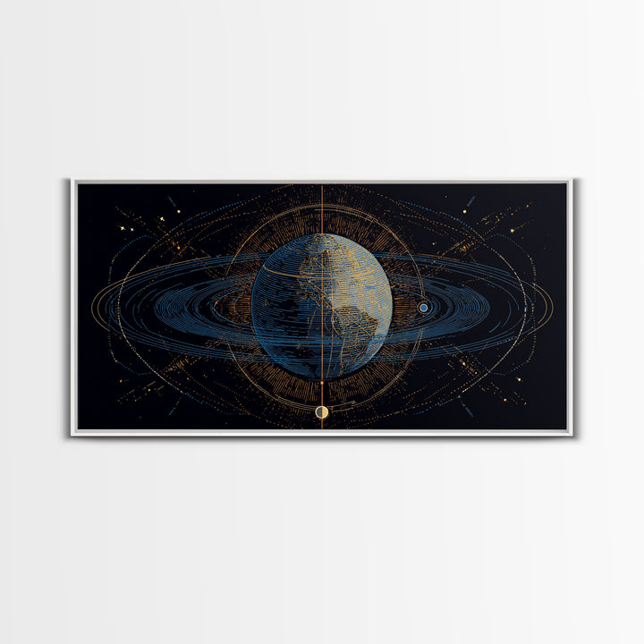 Celestial Planet Orbit Framed Canvas Print, Midcentury Modern Wall Art, Space Abstract Poster, Cosmic Retro Home Office Decor