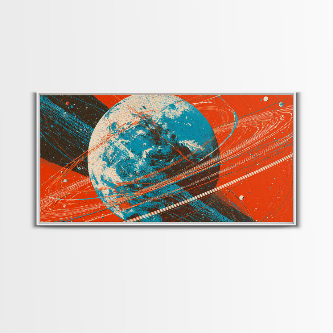 Orange Ringed Planet Canvas Print, Bold Retro Space Wall Art, Mid Century Modern Abstract Poster, Teal Blue Sci Fi Decor
