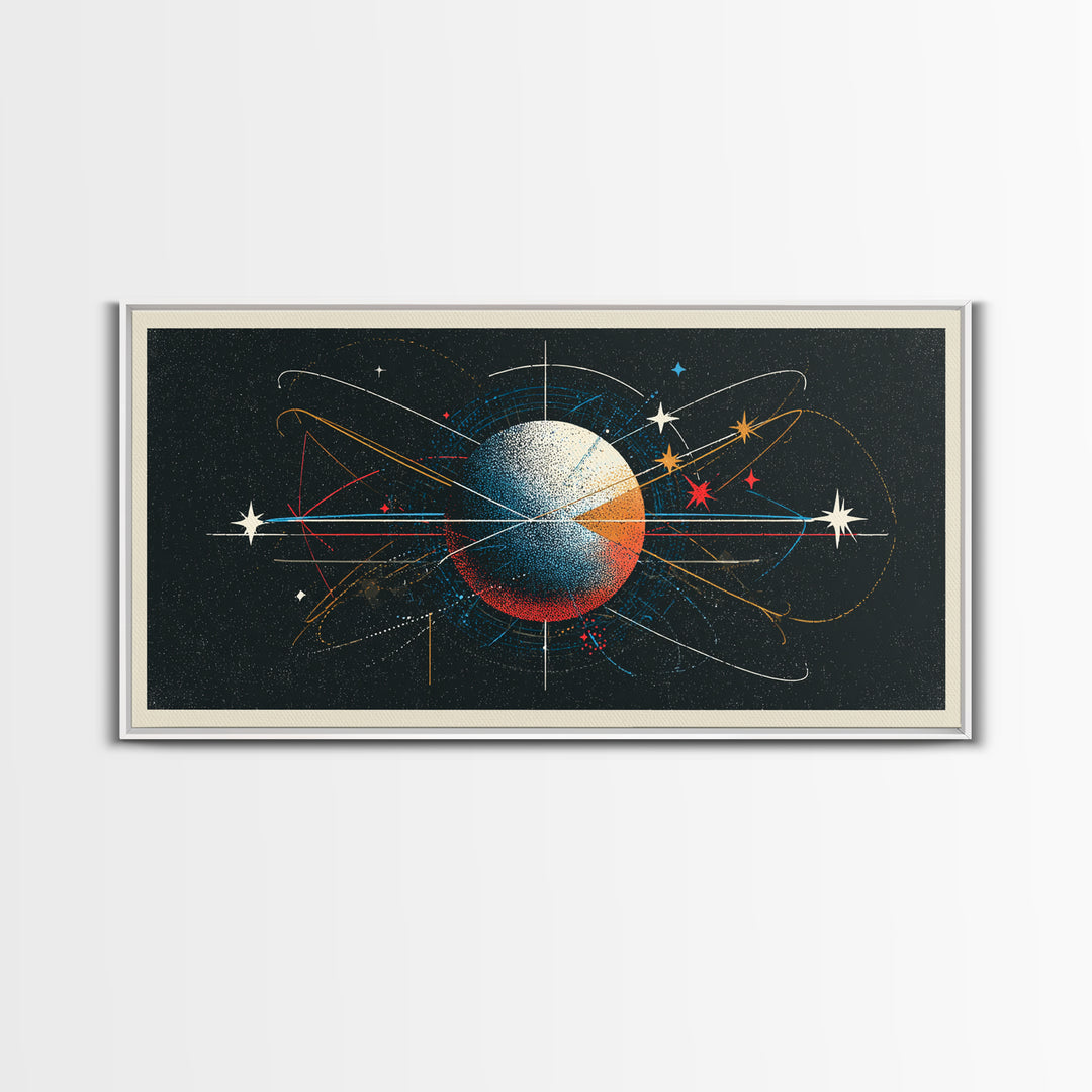Atomic Orbit Sphere Wall Art, Mid Century Modern Abstract Space Poster, Geometric Planet Lines, Retro MCM Living Room Decor