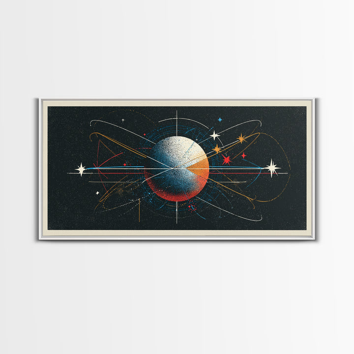 Atomic Orbit Sphere Wall Art, Mid Century Modern Abstract Space Poster, Geometric Planet Lines, Retro MCM Living Room Decor