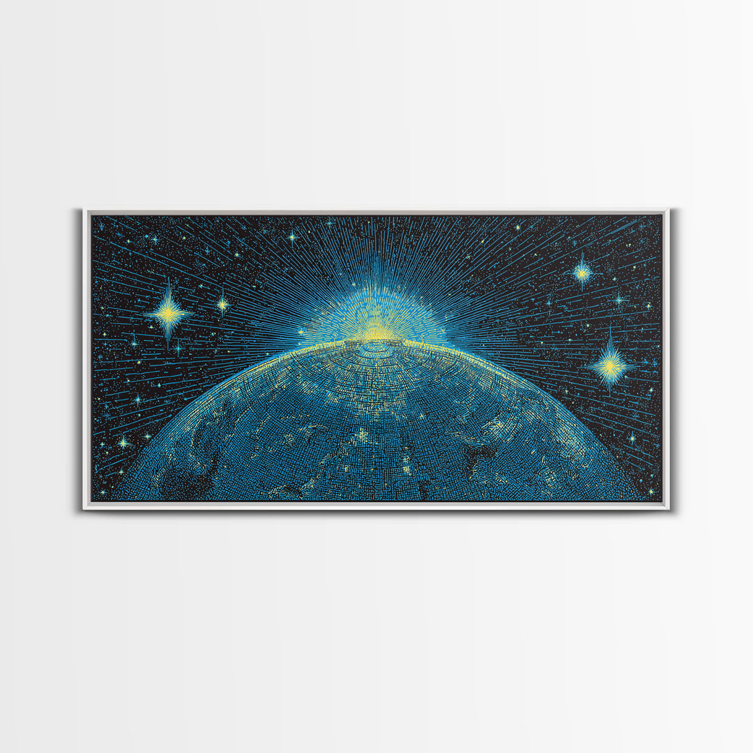 Blue Planet Horizon Canvas Print, Starburst Space Wall Art, Mid Century Modern Abstract Decor, Cosmic Sunrise Statement Poster