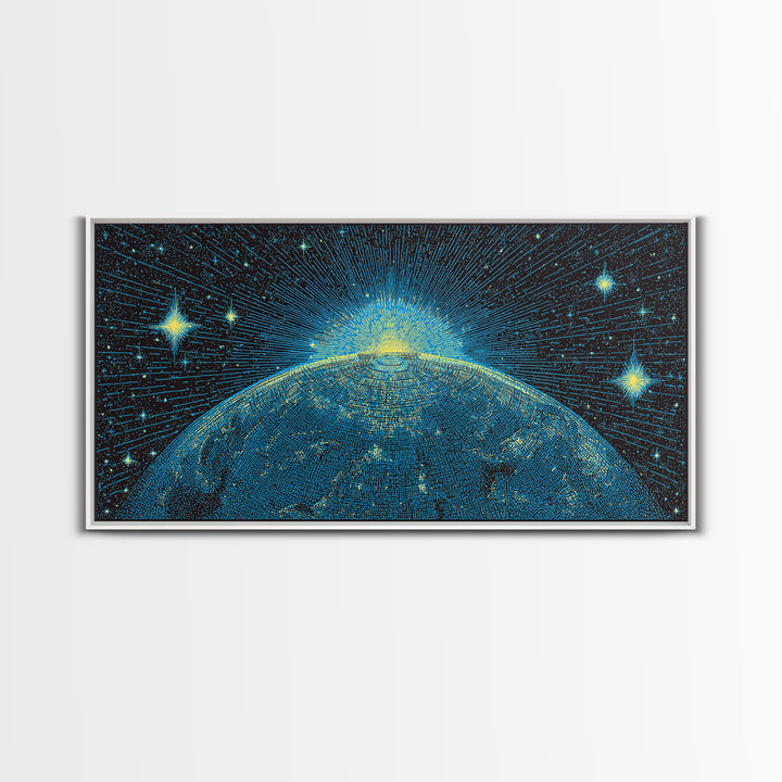 Blue Planet Horizon Canvas Print, Starburst Space Wall Art, Mid Century Modern Abstract Decor, Cosmic Sunrise Statement Poster
