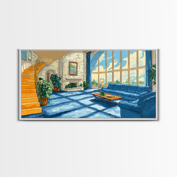 Sunlit Blue Sofa Loft Framed Canvas Print, Modern Wall Art, Airy Living Room Decor, Architectural Interior Poster, Home Office